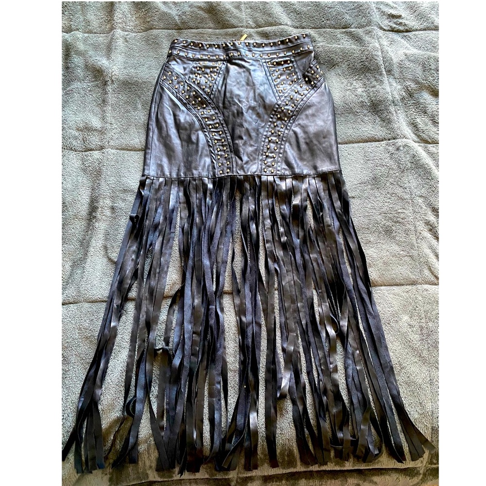 MARCIANO Vegan Leather Fringed Studded Skirt